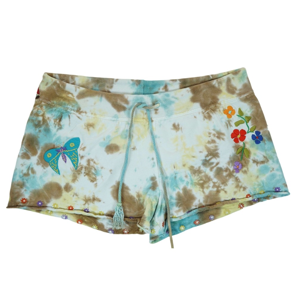 Lucky‎ Brand Sz M Sweatpants Shorts Tie Dye Embroidered Floral Mushroom Boho Y2K